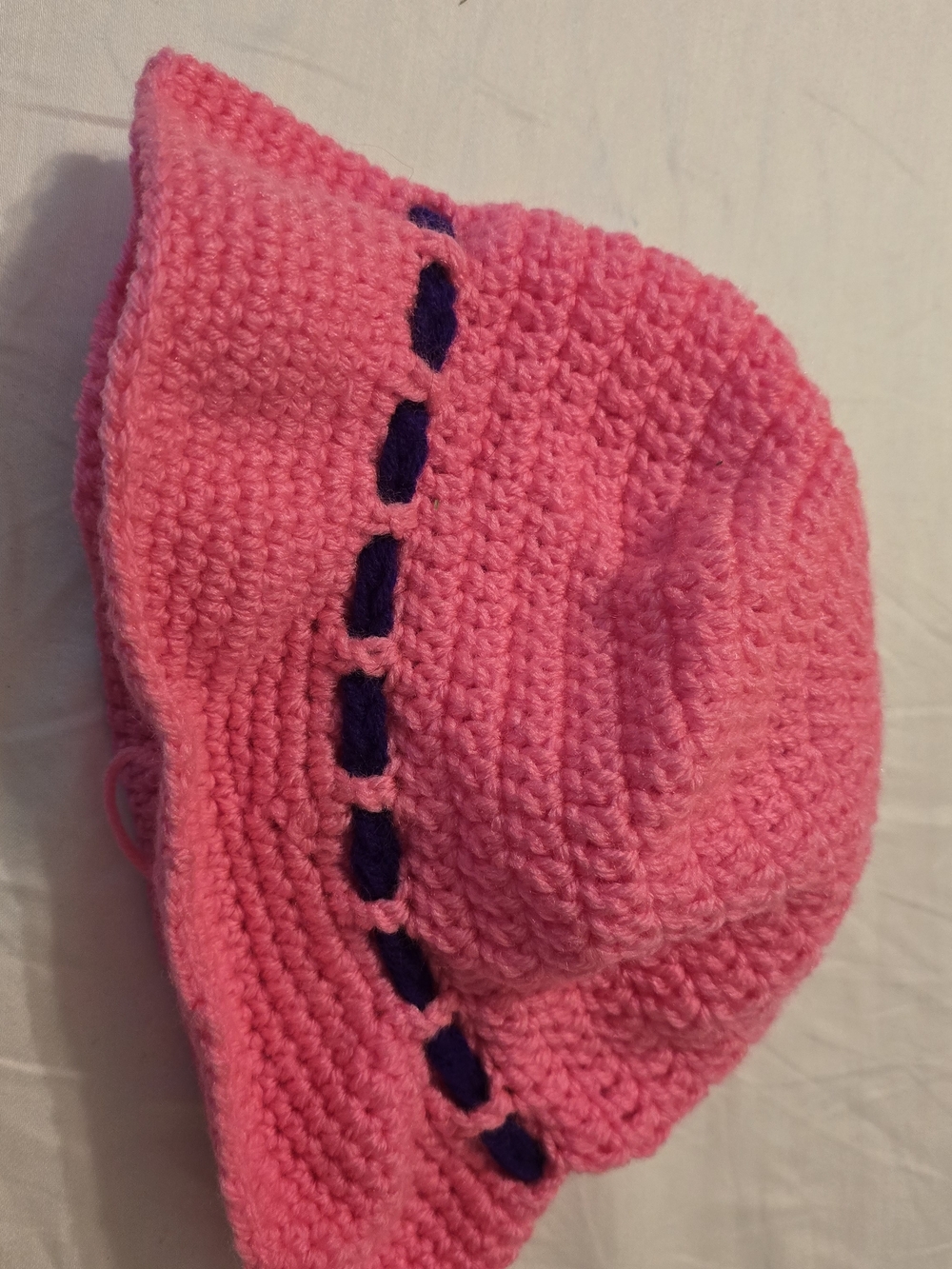 Hand Made Girls Crochet Sun Hat in Pink with Navy Accent